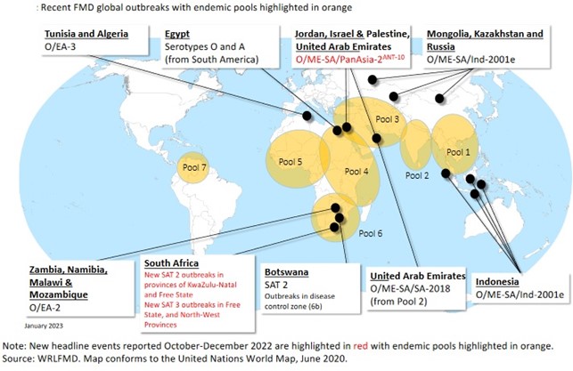 Recent FMD global outbreaks with endemic pools highlihted in orange