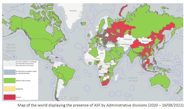 Map of the world displaying the presence of ASF by Administrative divisions